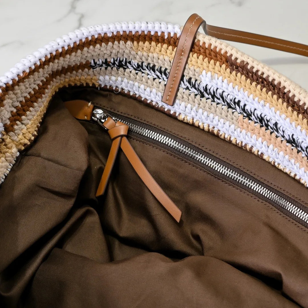 UOSU Woven Straw Tote — Large Contrast Stripe Beach Bag