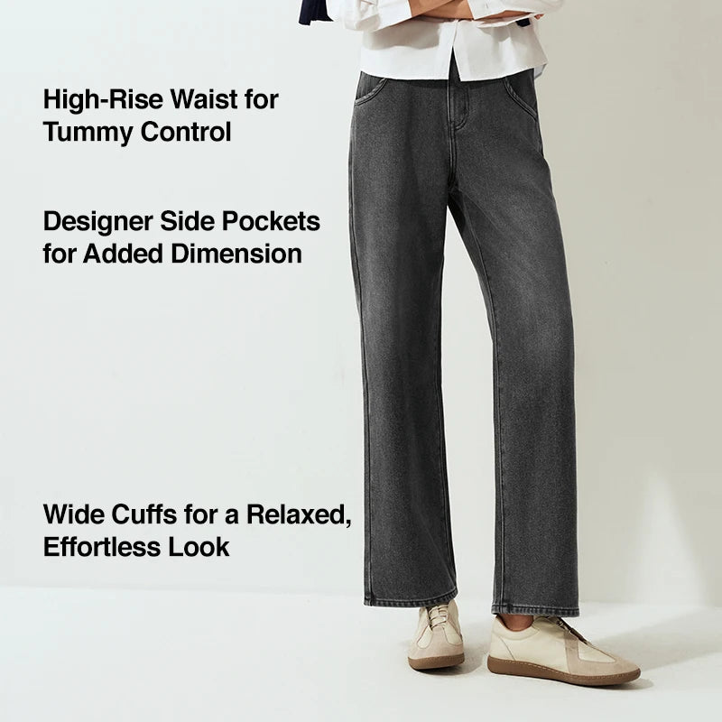 Women's High-Waist Fleece-Lined Wide-Leg Jeans