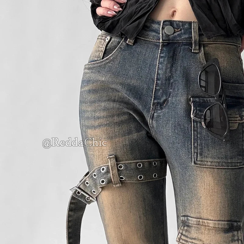 Women's Y2K Cargo Flare Jeans | Vintage Low Rise