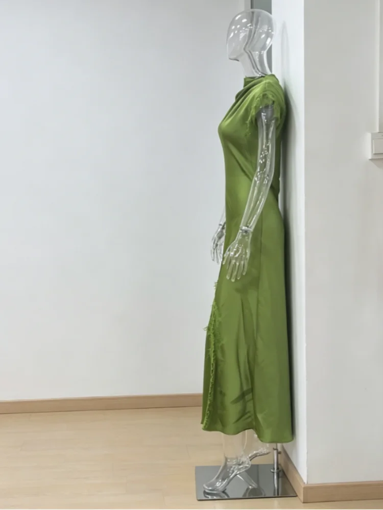 Women Elegant Green Satin Maxi Dress Lace Slit Asymmetric High Neck Draped One-sleeve Slim Fit Lgown Formal Evening Party Outfit