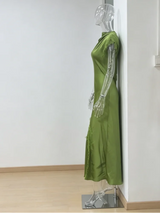 Women Elegant Green Satin Maxi Dress Lace Slit Asymmetric High Neck Draped One-sleeve Slim Fit Lgown Formal Evening Party Outfit