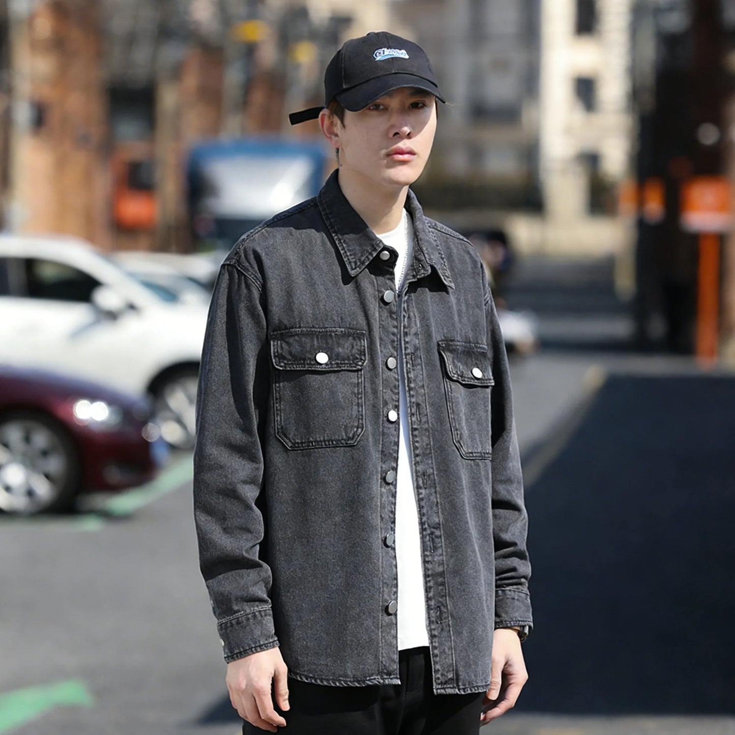 Retro Japanese Style Long Sleeve Denim Jacket Washed out Casual Workwear Versatile Spring Autumn Denim Shirt