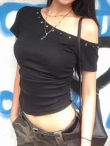Chic Asymmetric Cut-Out Crop Top | Black Slim-Fit Summer Tee