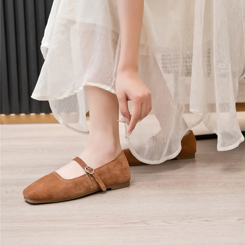 AIYUQI Women's Genuine Leather Square-Toe Ballet Flats