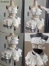 Summer Vintage Elegant Y2K Woman 2 Piece Sets Punk Gothic Strapless Crop Tops +High Waist Ruffle Skirt Female Party Outfits 2025