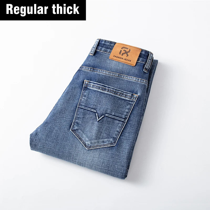 2025 Autumn New Men Regular Fit Stretch Jeans Classic Style Smoky Gray Fashion Casual Denim Pants Male Brand Trousers Blue