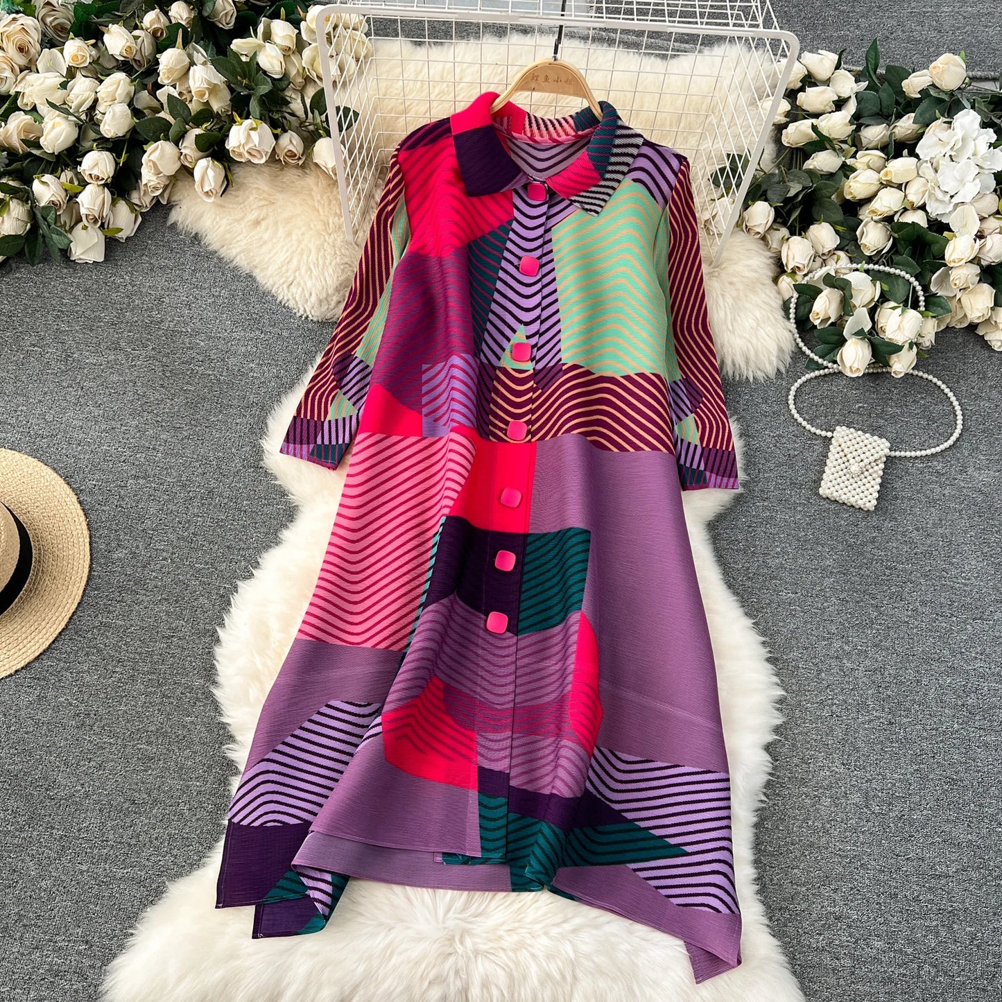 Miyake Pleated Drape Dress – Colorblock Print, 3/4 Sleeve