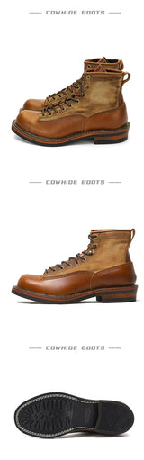 KOWM Hiking shoes men's walking boots British cowhide high top motorcycle boots ankle casual sneakers trekking shoes thick soled