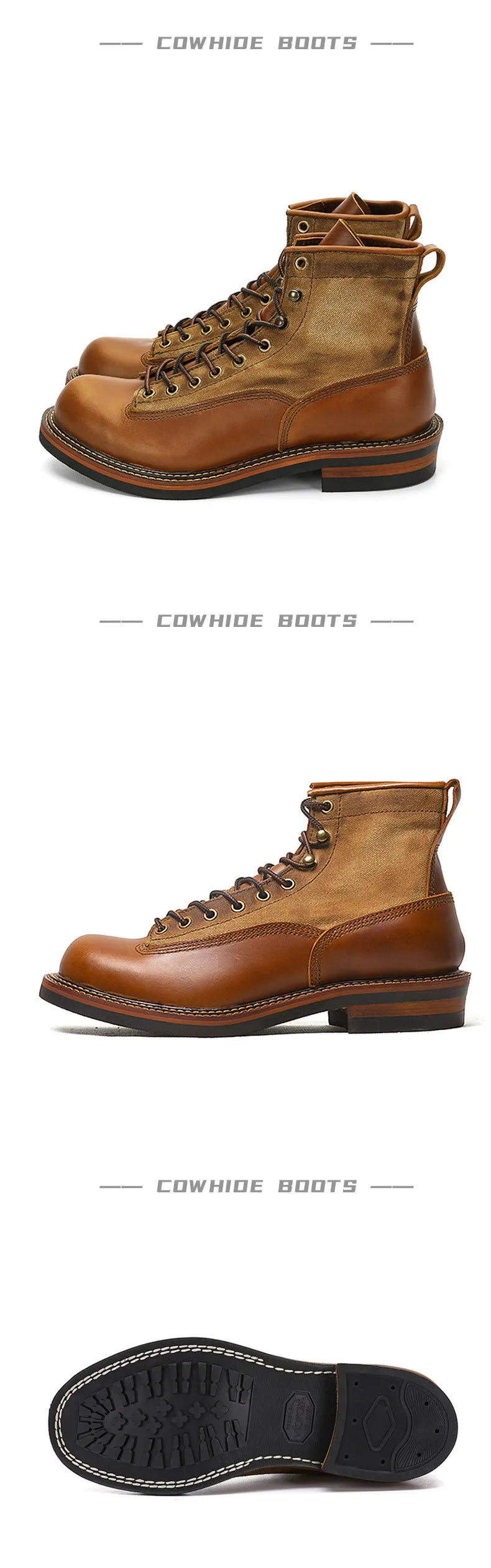 KOWM Hiking shoes men's walking boots British cowhide high top motorcycle boots ankle casual sneakers trekking shoes thick soled