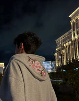 Cherry Blossom Embroidered Zip-Up Hoodie