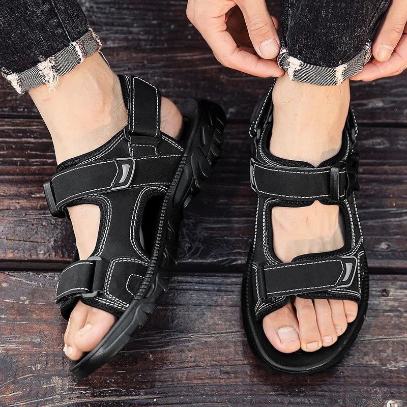 Summer Men Sandals PU Leather Lightweight Open Toe Flat Mens Casual Shoes Outdoor Walking Sandals for Men Beach Shoes Size 39-46