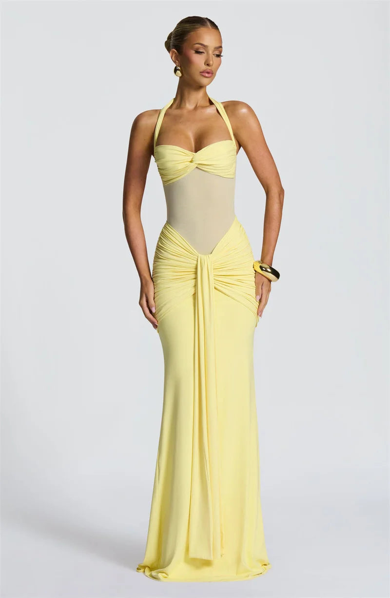 Women’s Halter Backless Maxi Dress – Off-Shoulder Ruched Bodycon Club Party Gown