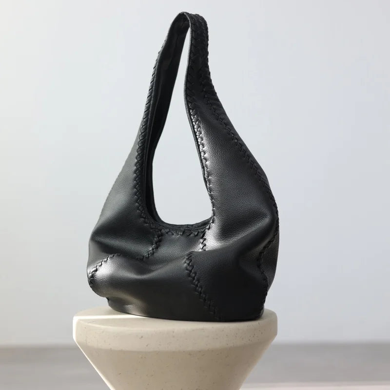 JAZZQ Soft Cowhide Leather Hobo Tote | Hand-Woven Detail