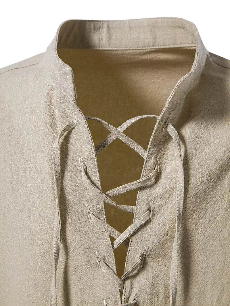 Men's Casual Henley Shirt — Stand Collar, Long Sleeve with Drawstring Cuffs