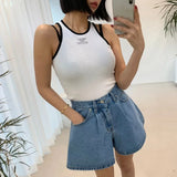 High-Waist Washed Denim Wide-Leg Shorts -Made Casual Blue Jean Shorts