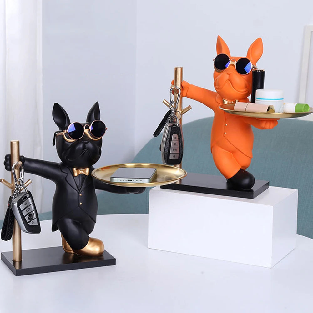 French Bulldog Sculpture Dog Statue Decorative Figurine Storage Metal Tray Coin Piggy Bank Entrance Key Snack Holder