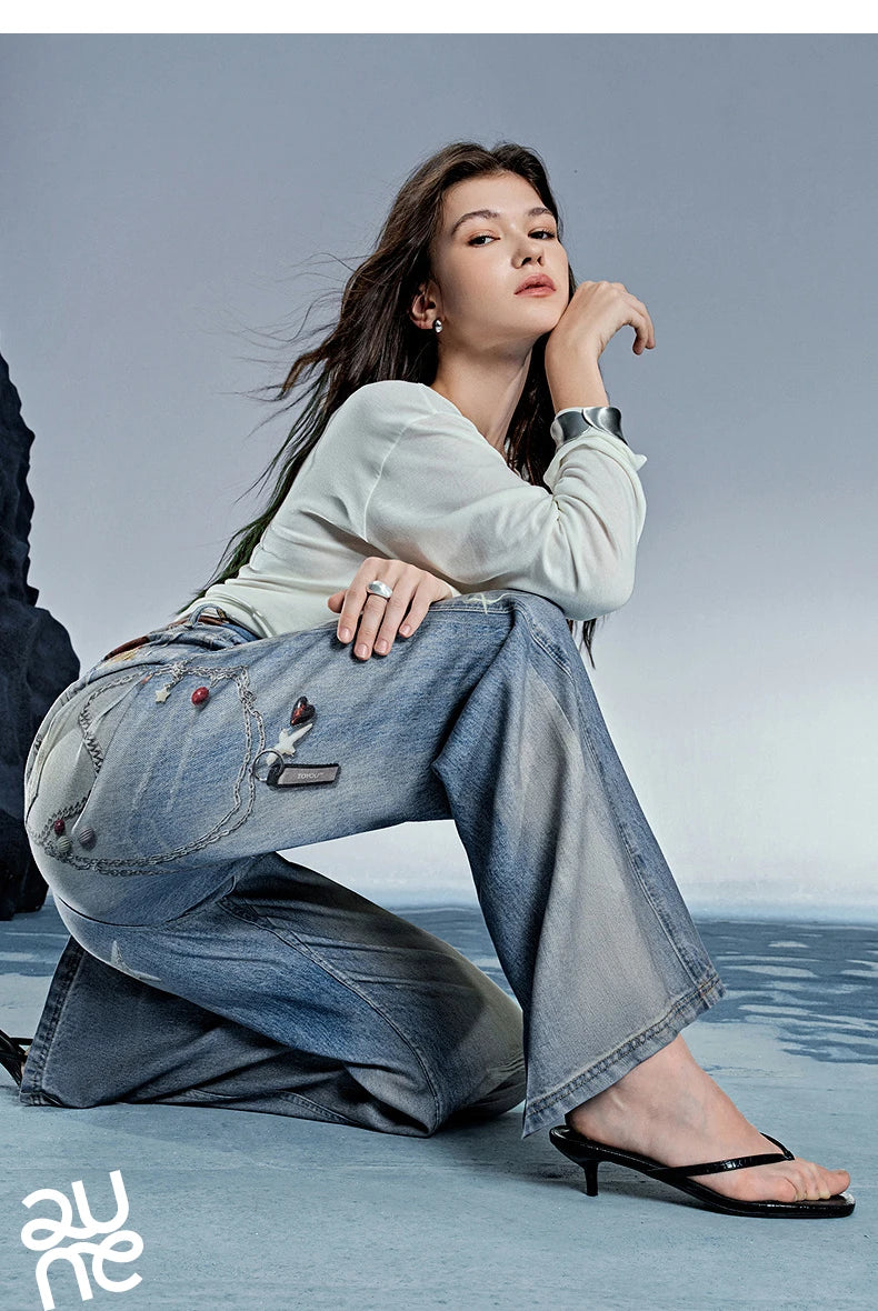 TOYOUTH Women Denim Jean 2025 Spring New Long Pants 8518053