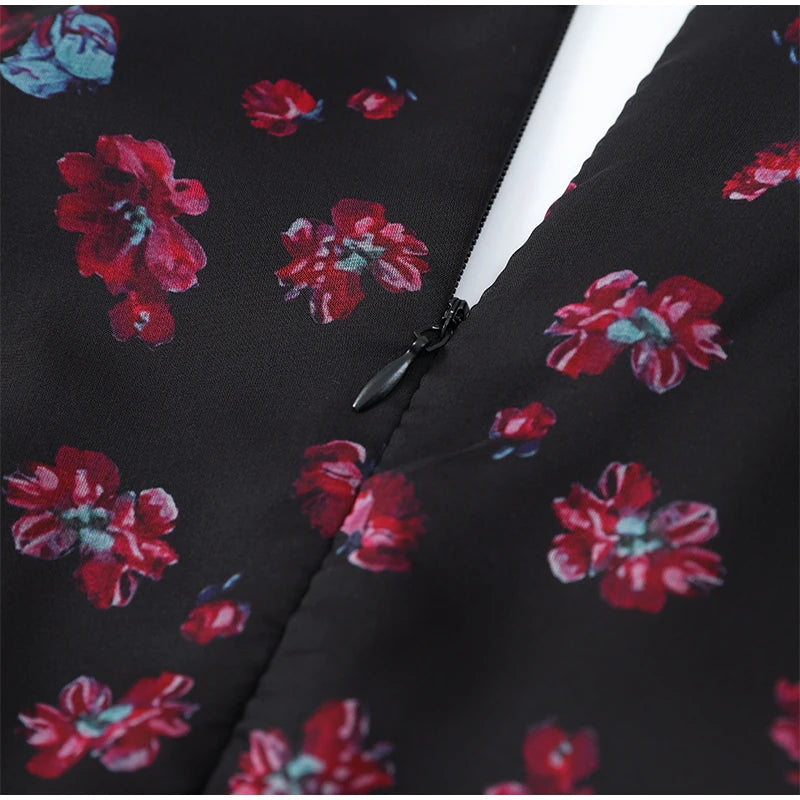 Women Red Floral Printed Mini Dress V-neck Short Sleeved Puff Sleeve Waist Trim Ruffle Slit Hem Dresses 2026 Summer Party Gown