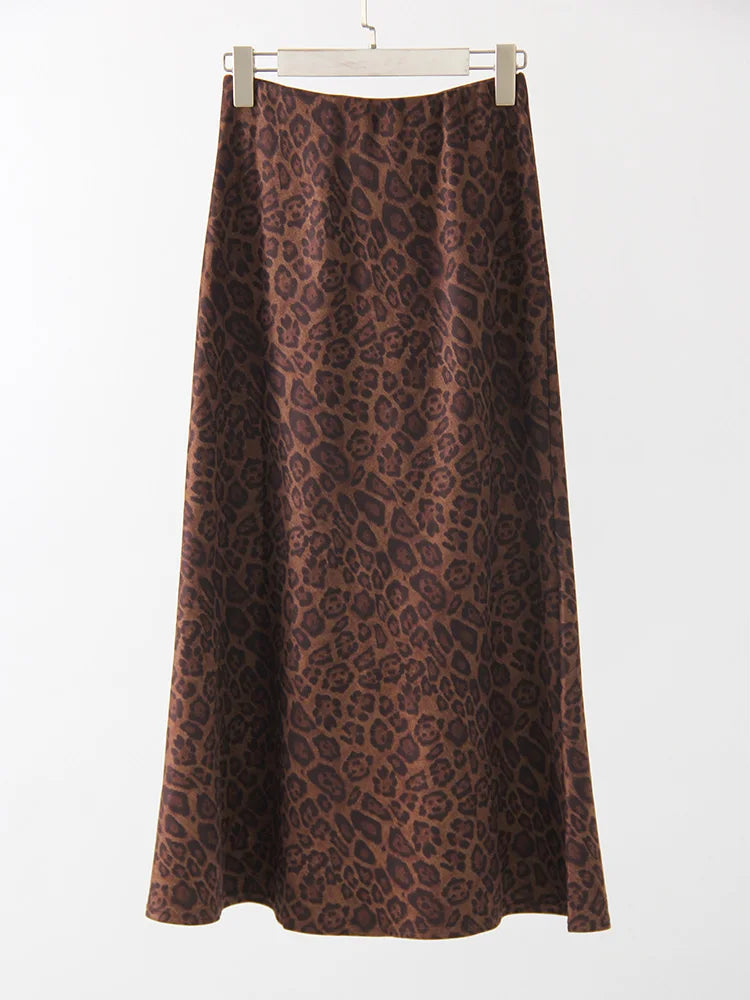 Leopard Print Suede Maxi Skirt – Women's Autumn Winter