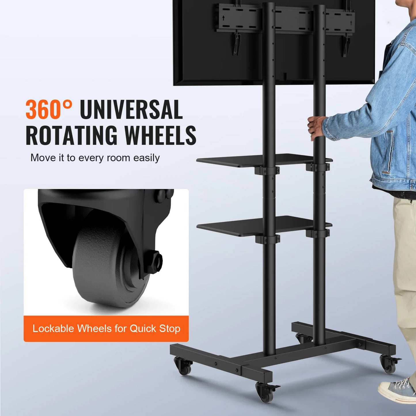 SucceBuy Mobile TV Stand Height Adjustable TV Stand w/ Wheels Double Tray for Audio-Visual Devices Rolling TV Stand for Bedroom