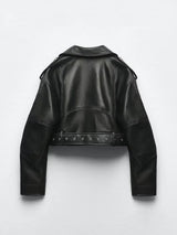 Ailegogo Spring Autumn Women Faux Pu Leather Short Jacket with Belt Motorcycle Biker Female Zipper Lapel Loose Coat Outwear