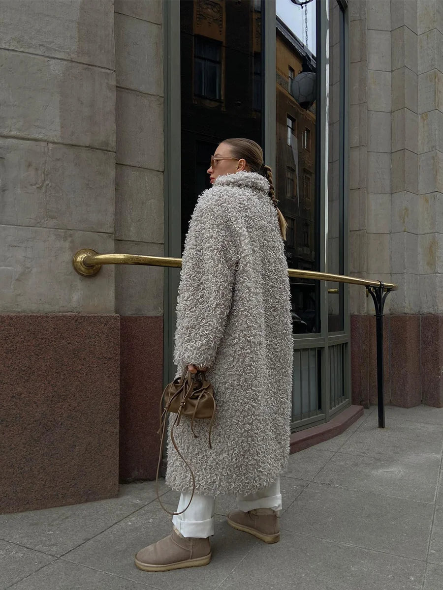 Gray Wool-Blend Faux Fur Maxi Coat