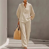 Fashion Cotton Linen Button Stand Collar 9 Quarter Sleeves Loose Women's 2-piece Suit Spring Casual Wide Leg Pants Suit Female