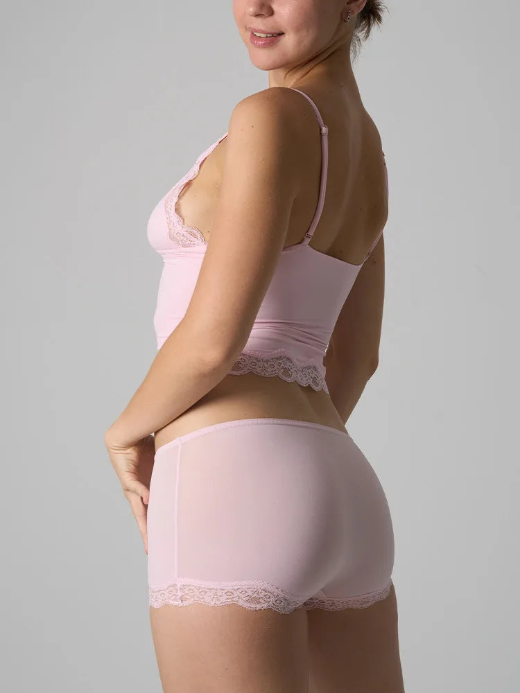 Europe American Simple Pink Light Thin Lace Strap Tank Top Flat Corner Lace Underwear for Women Comfortable Stretchy Short Sets