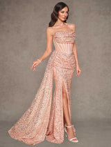 Rose Gold Sequin Strapless Mermaid Evening Gown