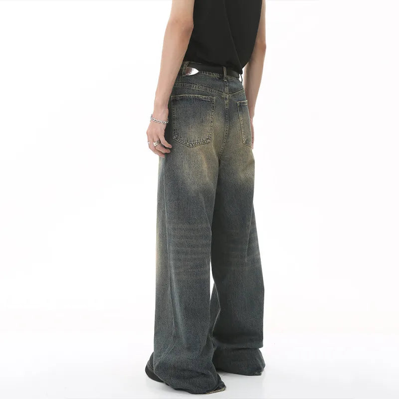 Men's Washed Blue Loose Straight-Leg Jeans