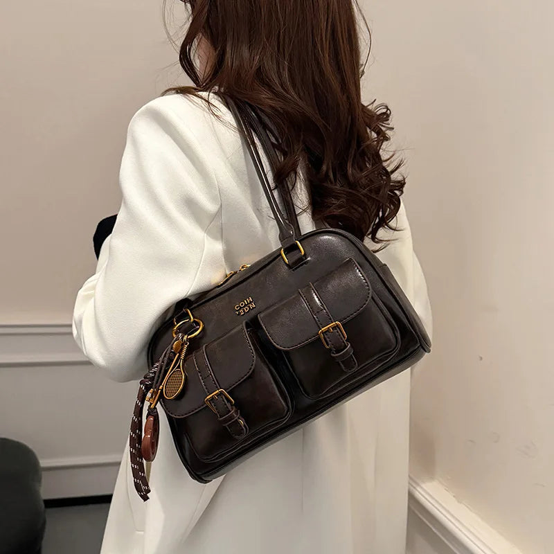 Women’s Coffee Brown Multi-Pocket Shoulder Bag | Vintage PU Leather Crossbody