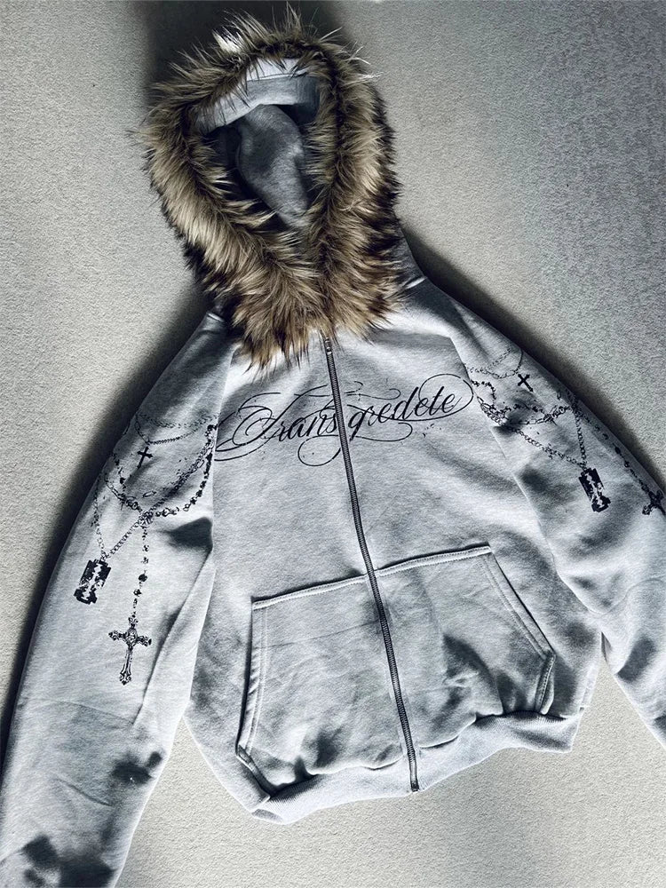 Winter Fashion Streetwear Women's Gothic Punk Faux Fur Hooded Jacket With Cross Print Trendy Edgy Zip - Up Sweatshirt 2026 New