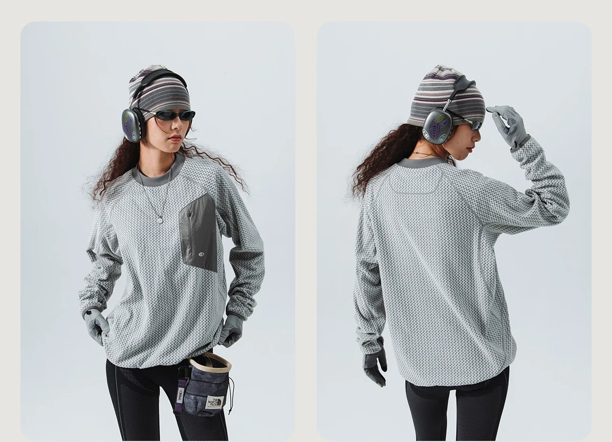 Mountain-Ready Crewneck: Engineered with Ribbed Neck, Reflective Logo, & Secure Chest Pocket for Outdoor Style Unisex