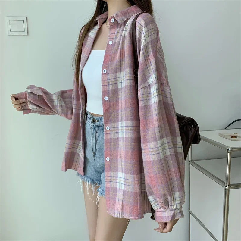 Vintage Plaid Long-Sleeve Blouse
