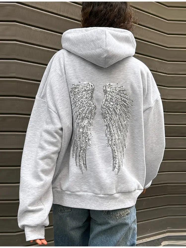 Trendy Creative Hooded Sweatshirt Wing Patterns Chic Designed Fashion Casual Long Sleeved Tops Versatile Women's Autumn Wear
