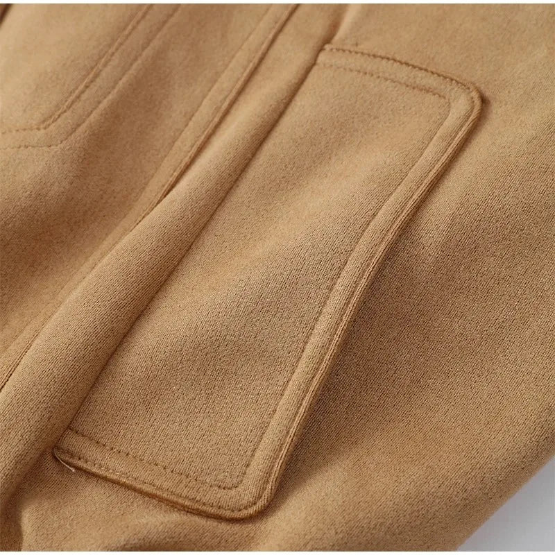 Brown Retro Suede Lapel Zippered Short Jackets Women's Casual Full Sleeves Pocket Loose Coats 2026 Spring Daily Commute Outwear