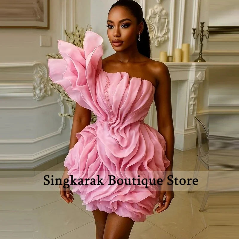 Asymmetric Ruffle Mini Dress | One-Shoulder Floral Gown