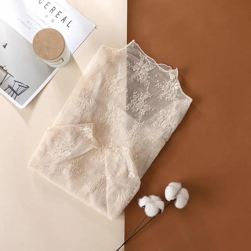Women’s Floral Lace Mesh Mock Neck Long Sleeve Top