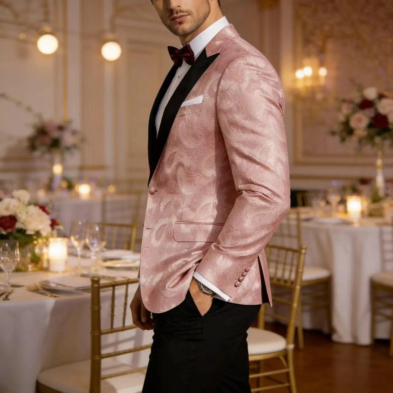 Men's Pink Paisley Tuxedo Blazer — Black Satin Lapel Formal Jacket