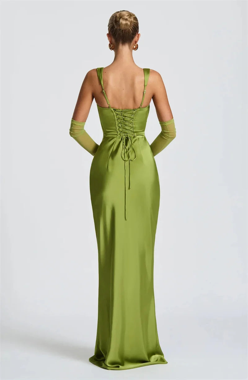 Elegant Backless Satin Maxi Dress – Sleeveless Halter Bodycon Party Gown