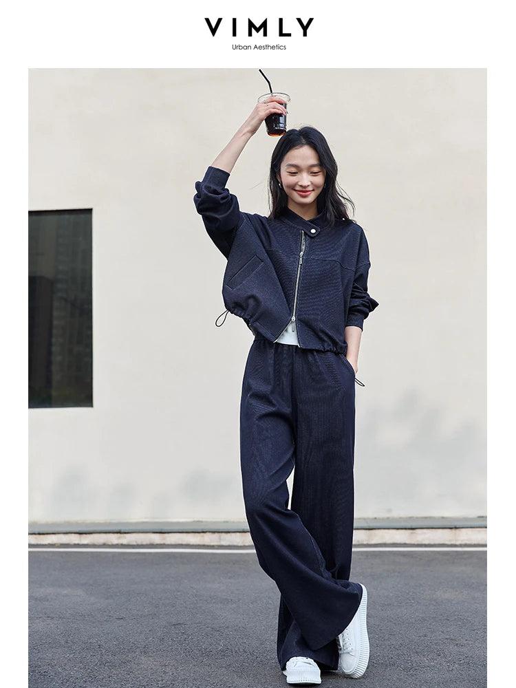 VIMLY 2 Piece Pant Set Woman Casual Outfits Women's Pant Suit 2026 Blue Stand-up Collar Jacket and Trouser Female Clothing A0119