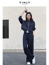 VIMLY 2 Piece Pant Set Woman Casual Outfits Women's Pant Suit 2026 Blue Stand-up Collar Jacket and Trouser Female Clothing A0119