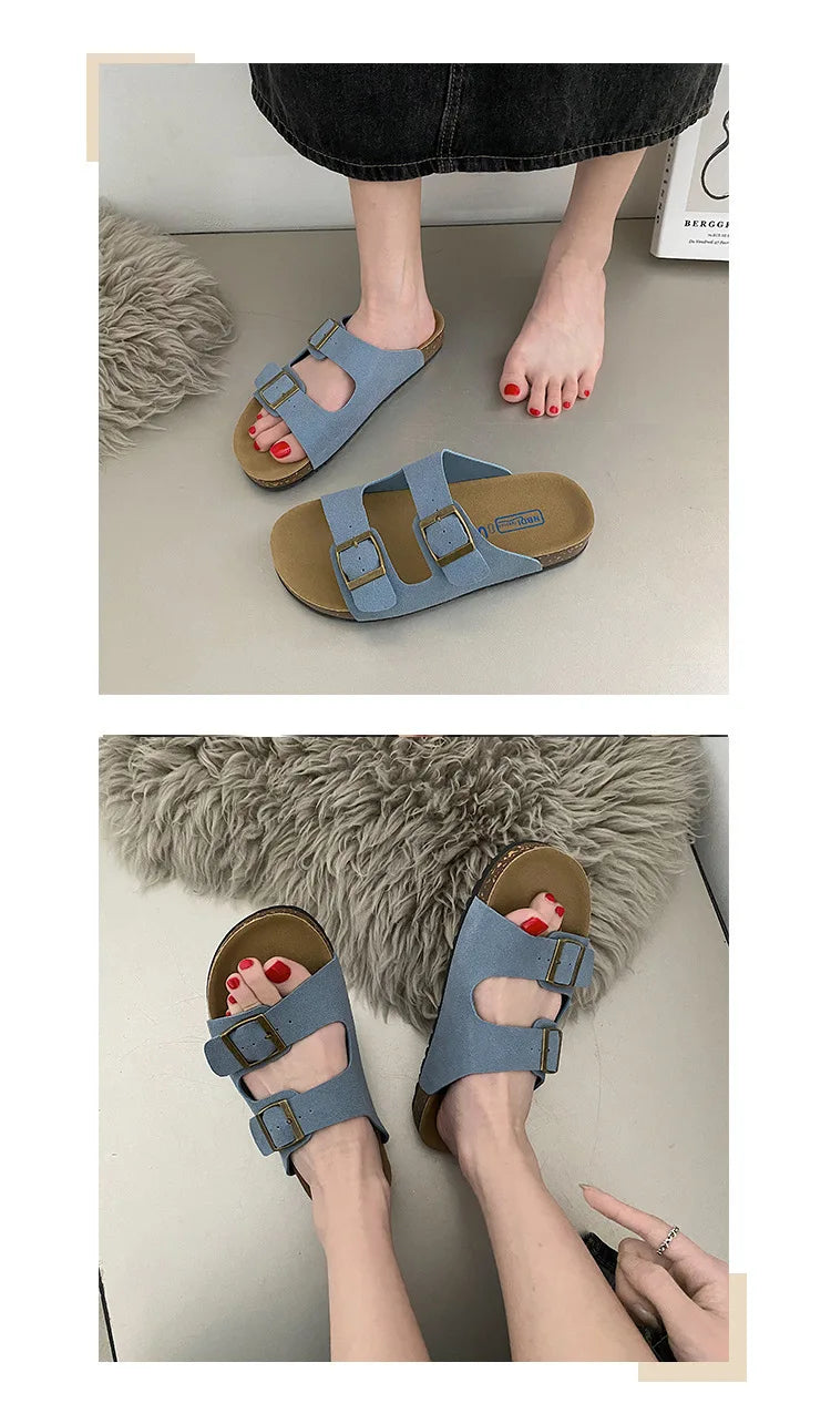 Evshine Leather Cork Footed Clogs Sandals For Women Fashion Flat Mules Slippers with Arch Support Men Double Buckle Cork Slides