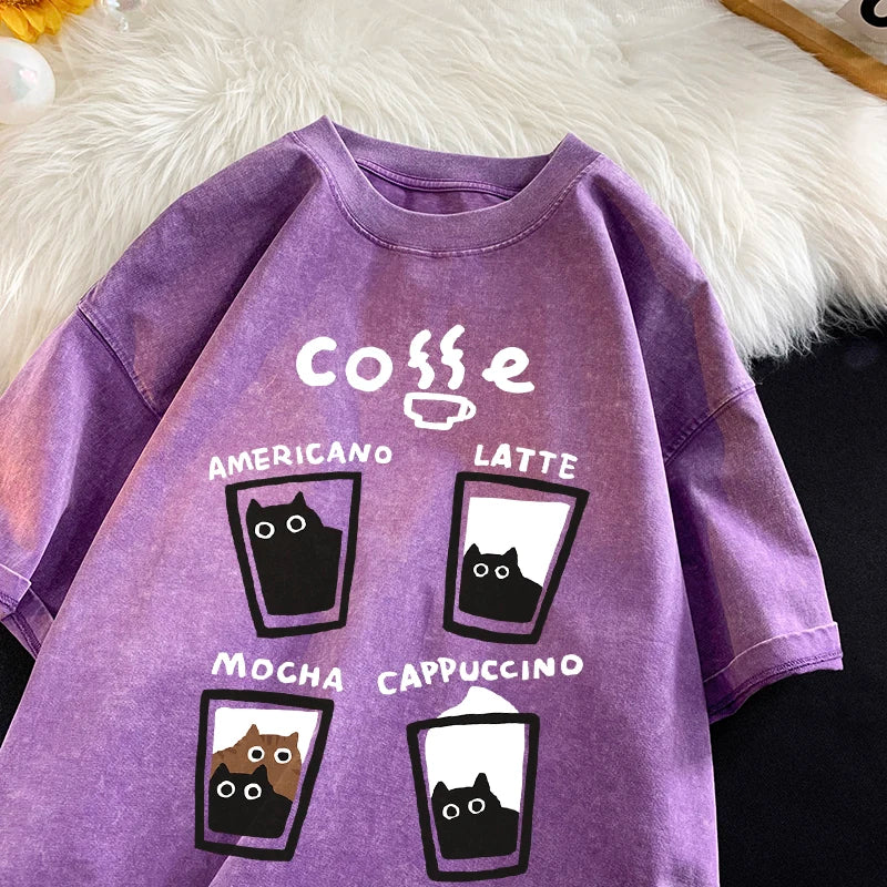 Retro Cat Graphic Cotton Tee – Unisex Harajuku Style