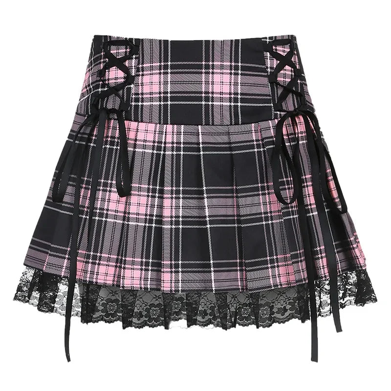 Pink Plaid Y2K Pleated Mini Skirt with Lace Trim