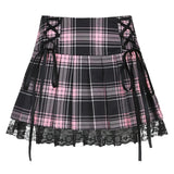 Pink Plaid Y2K Pleated Mini Skirt with Lace Trim
