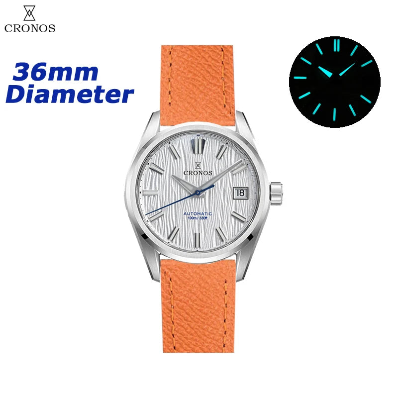 Cronos Men Watch 36mm Automatic PT5000 Miyota 9015 Movement Wristwatches White Dial Birch Pattern Sapphire 10 ATM L6048M