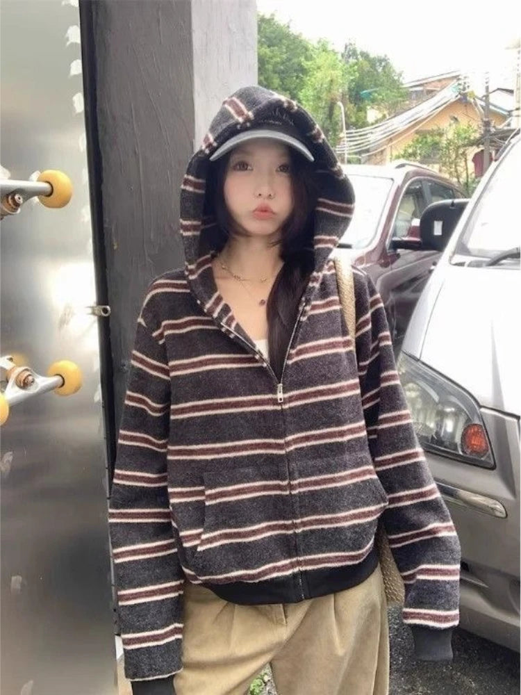 2000S American Vintage Striped Loose Long Sleeve Hooded Sweatshirt Y2k Subculture Casual Zip Up Hooded Cardigan Harajuku Coats