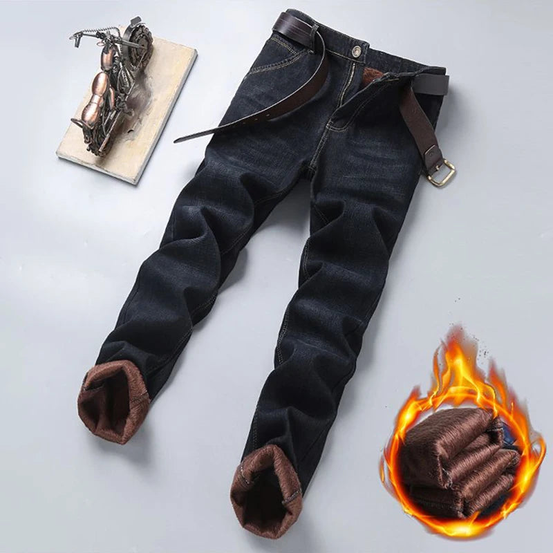 Men Winter Snow Warm Plush  Loose Minimalist Jeans Male Fleece Lined ThickenedStraight Denim Pants Slim Fit Elasticity Trousers