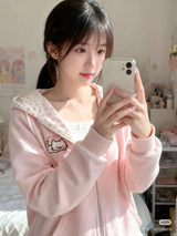 Women's Pink Embroidered Zip-Up Hoodie